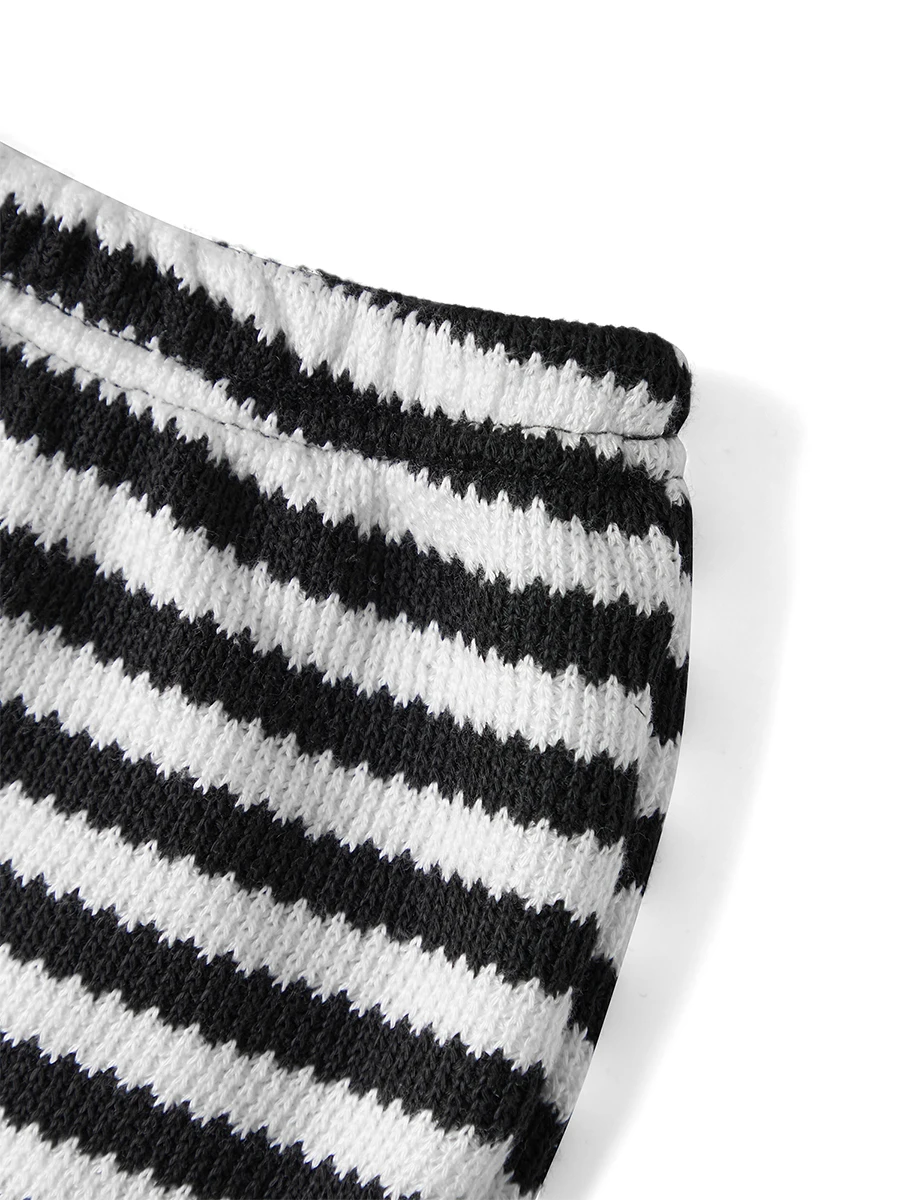 여성용 스트라이프 프린트 니트 반바지 로우 라이즈 핏 스트레이트 레그 짧은 바지 streetwear