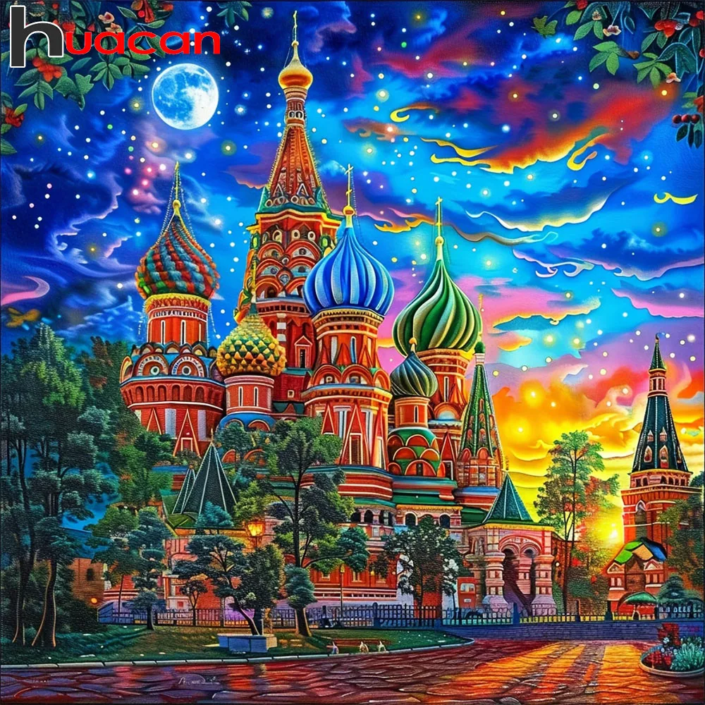 Huacan Vollquadratische und Runde Diamant-Malerei Kirche Mond Baum Diamant-Mosaik Landschafts-Sets Heimdekoration