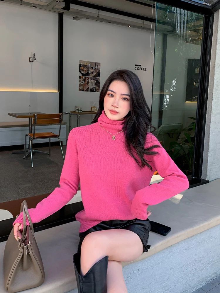 

Pure Wool High Collar Knitted Sweater Women's High Quali Plum Purple Winter Spring New Sle Commute Sle Long Sve Slim...