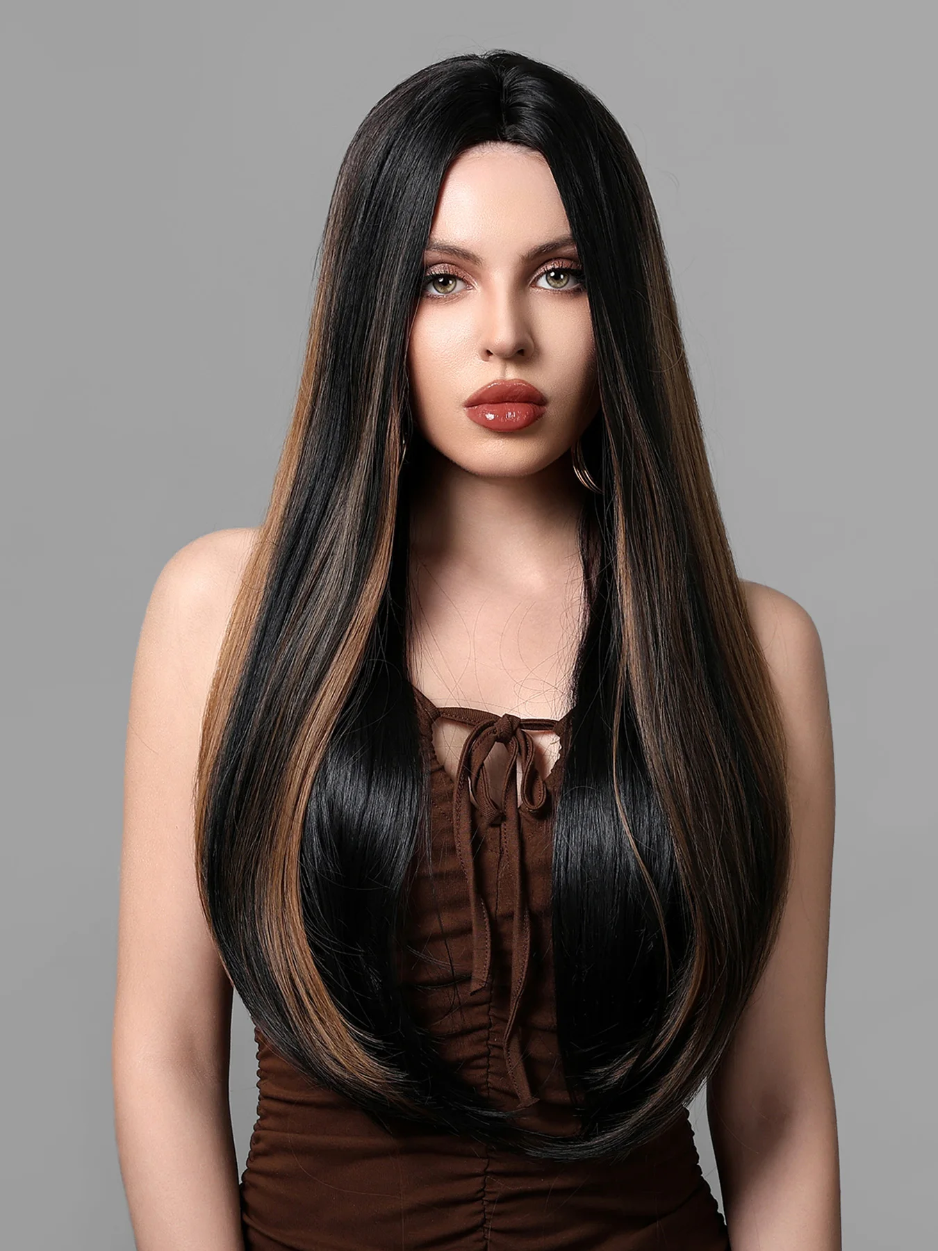 Mixed Black Brown Highlight Long Straight Wig Synthetic Daily Use Hair Wigs for Women Natural Heat Resistant Cosplay Party Wig