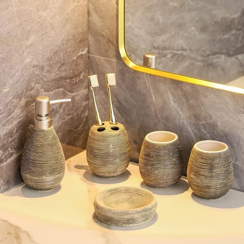 

five piece Vintage handmade ceramic toothbrush holder soap dispenser lotion bottle mouthwash cup ceramic bathroom set