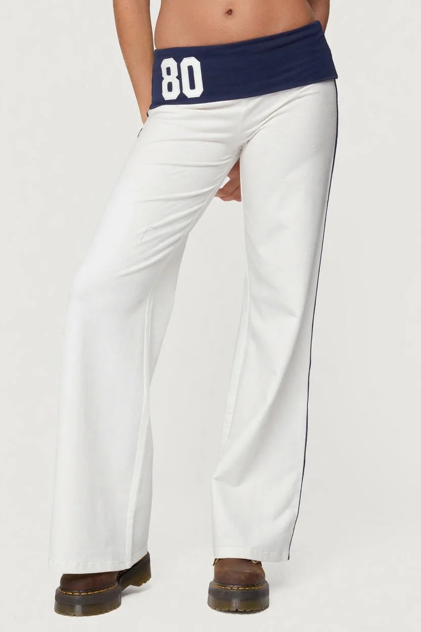 Womens Flared Pants Stylish Low Rise Summer Bell Bottoms Fold Waistband And Number Loose Fit Casual Pants For Spring And Summer