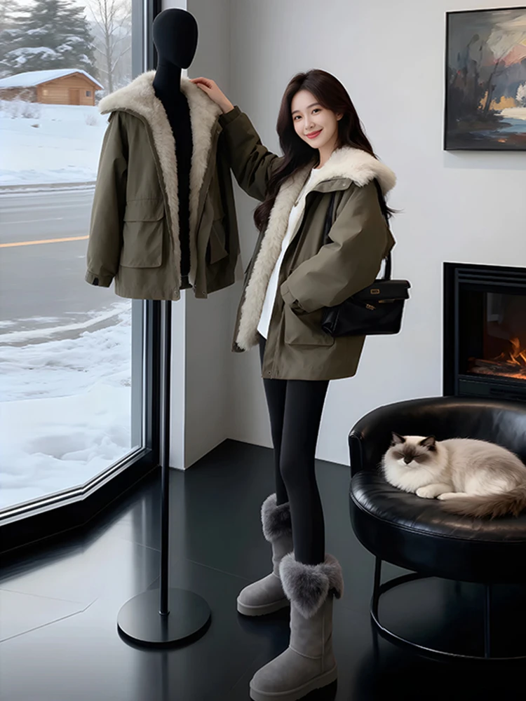 

Новая теплая женская куртка из хлопка с подкладкой из овечьей шерсти, осенне-зимняя, свободного кроя, средней длины, в корейском стиле, на молнии