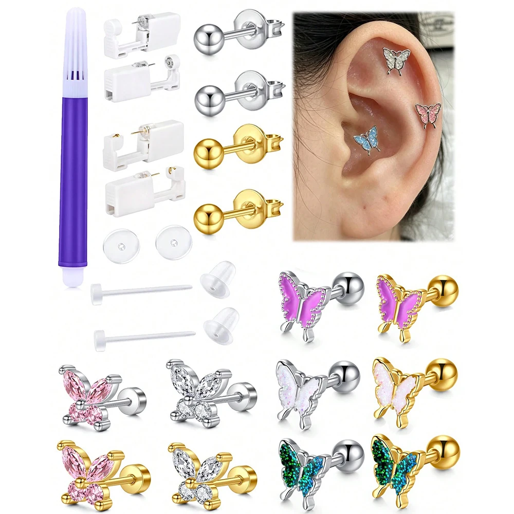 Butterfly Ear Piercing Kit With Gun – 20G Hypoallergenic CZ Butterfly Earrings Set, Gold Silver Pink Green Summer Party Jewelry