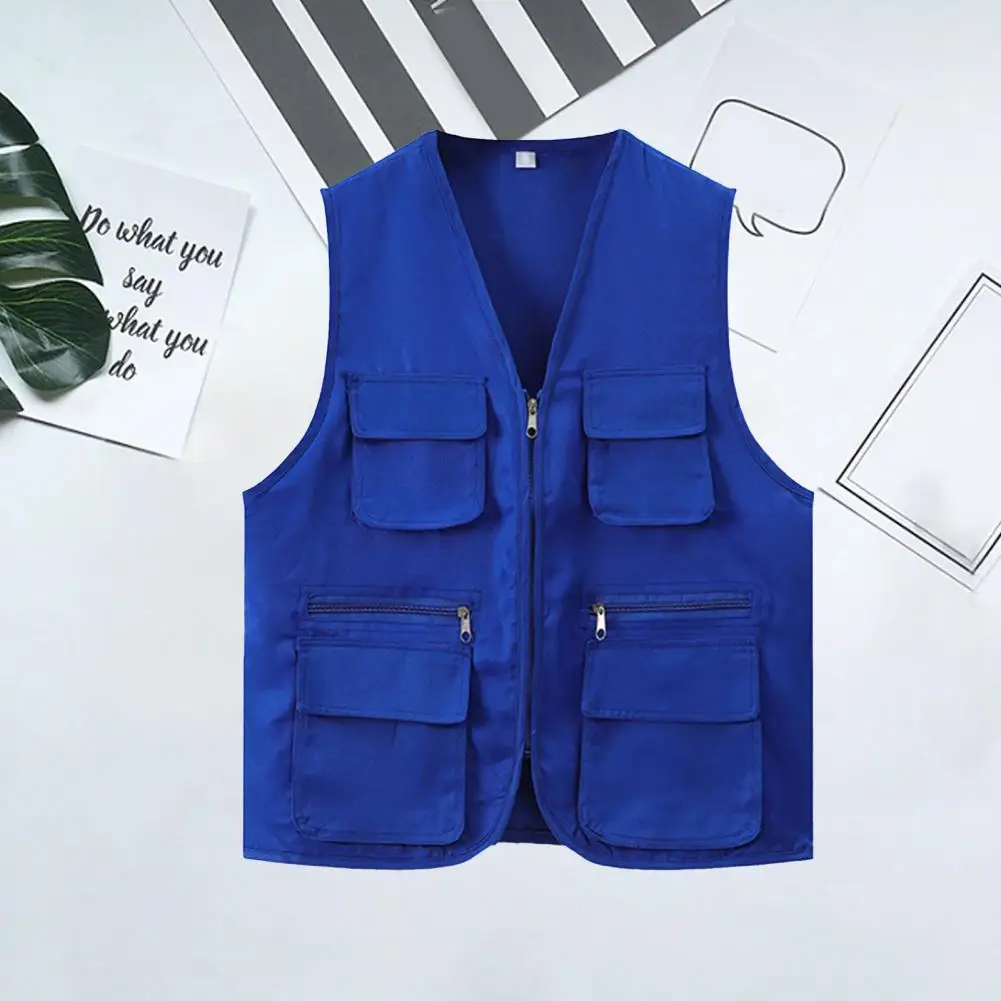 Multiple Pockets Work Waistcoat V-neck Zipper Placket Outdoor Vest Jacket Photographer Volunteer Waistcoat Hiking Waistcoat