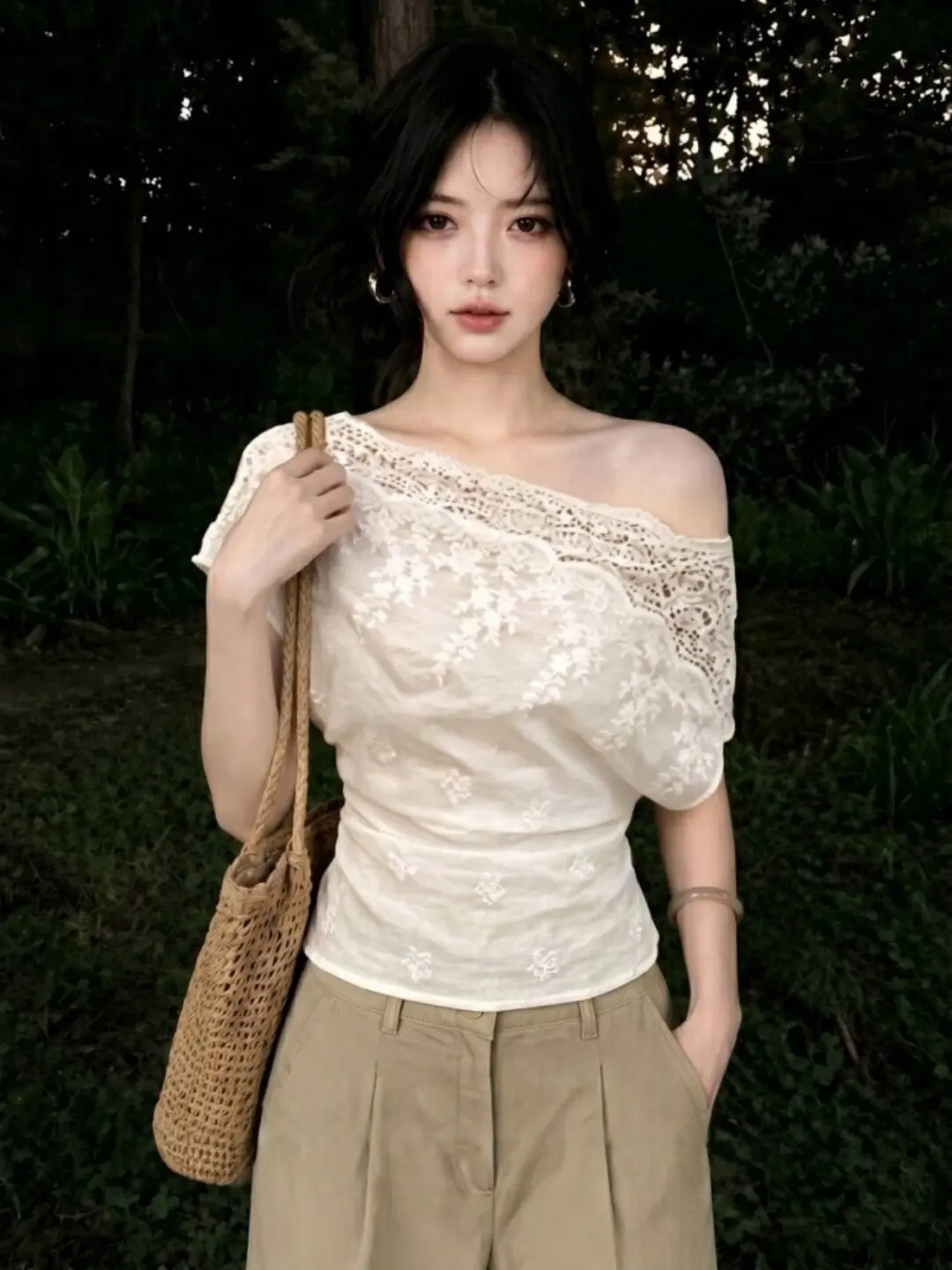 Summer Lace Splice Asymmetrical Shoulder Short Sleeve T-shirt Women's Fashion Sensation Light Beige Sleeveless Top Citywalk