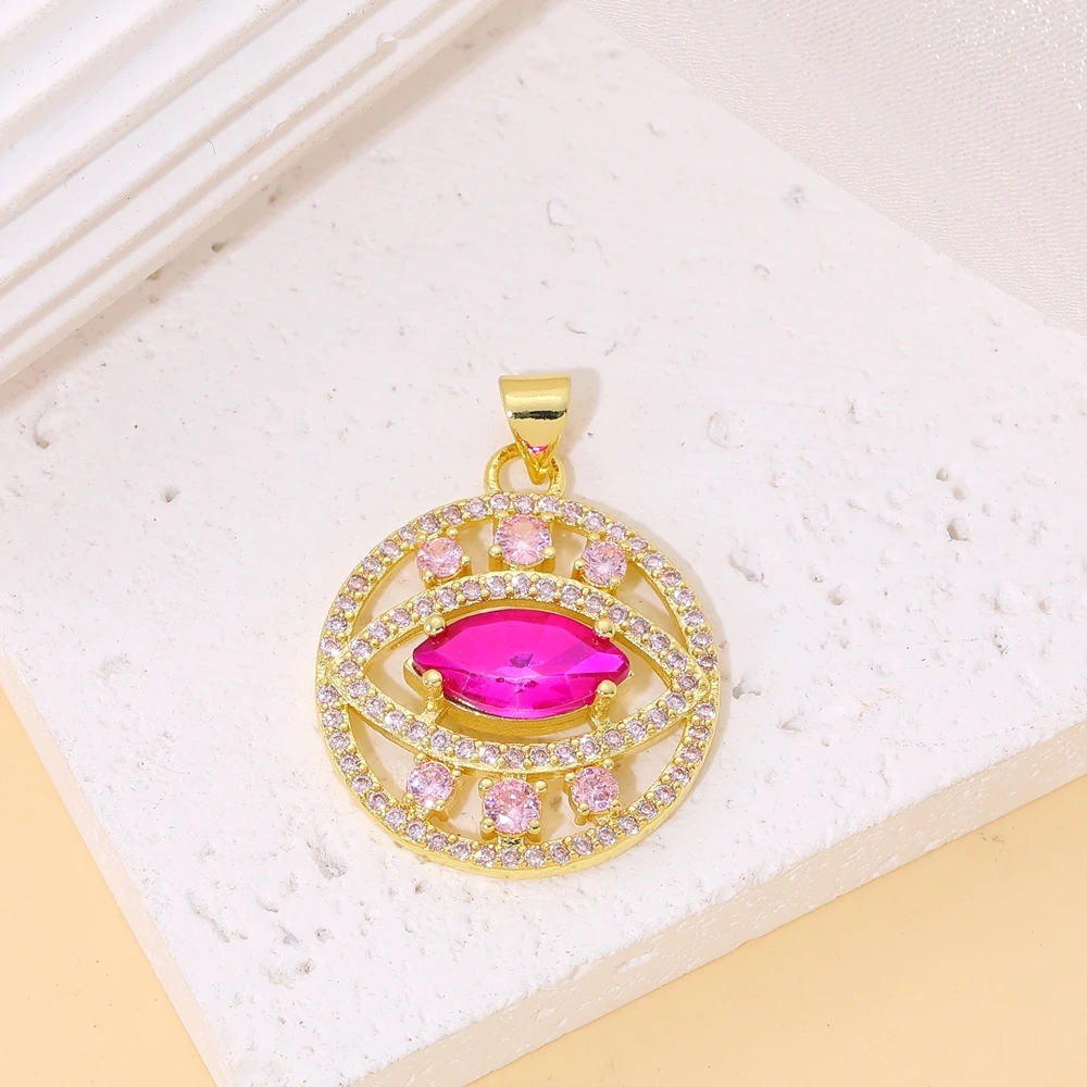 Juya 18K vergoldete Luxus-Anhänger mit Regenbogen-Zirkonia, Stern, Libelle, Baum des Lebens, Biene, Liebesherz, rundem griechischem Bösen-Auge-Charm – Detail 28