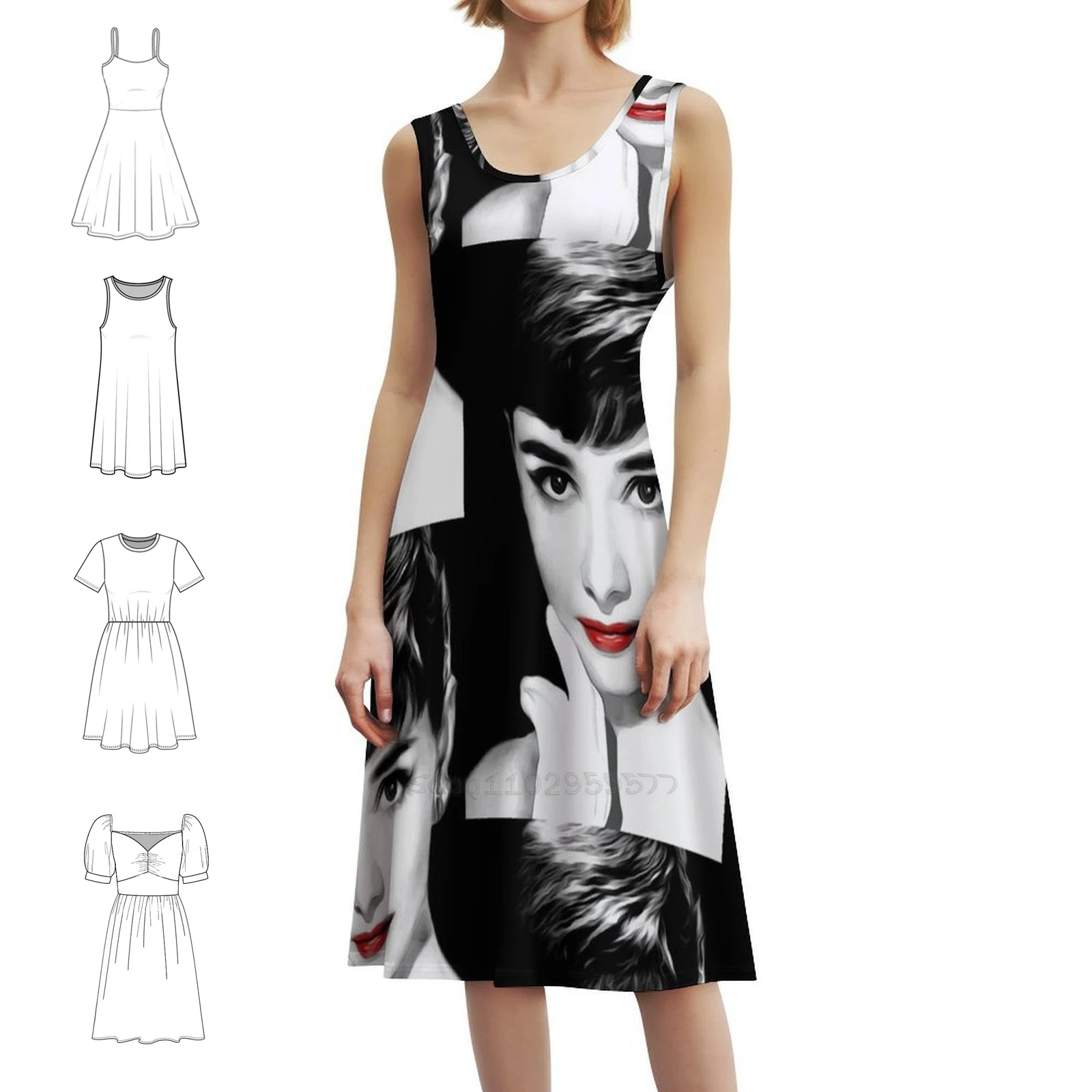 

Богемное платье без рукавов Audrey Hepburn Lips с несколькими принтами, пляжное праздничное платье для отдыха, Audrey Film Star Movie Star Movie Star Movie