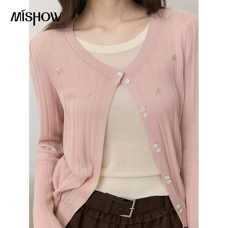 MISHOW Fake Two-piece Knitwear 2026 Autumn Star Beaded Embroidery Round Neck Knitted Cardigan Korean Long Sleeve Top MXF43Z3171