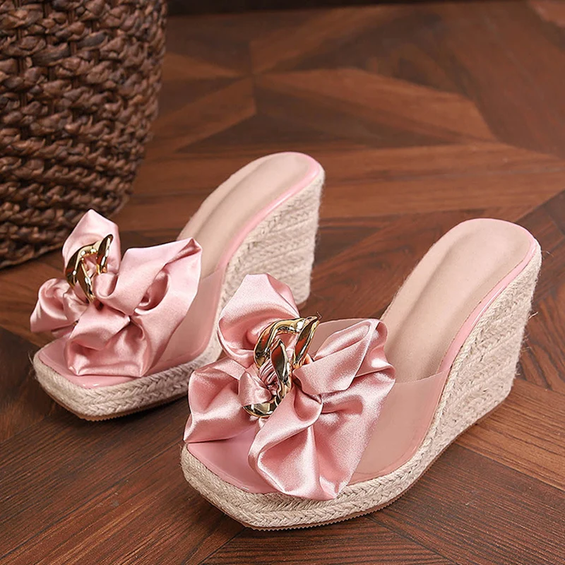 Liyke New Wedges Slippers For Women 2024 Summer Fashion Pink Butterfly-knot Designer Sandals Platform Heels Size 46 Female Shoes