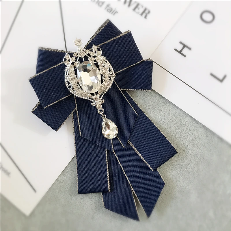 Mode Grote Boog Stropdas Kristal Kwastje Lint Kraag Met Broche Vrouwen Vintage Elegante Kostuum Sieraden Kraag Pin Rood Blauw