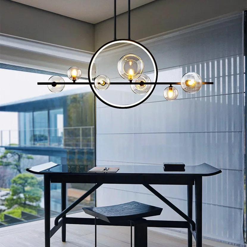 SNADYHA Modern LED Glass Ball Chandelier Black Smoke Clear Bubble Pendant Light Iron Frame Lamp for Dining Room Kitchen Table