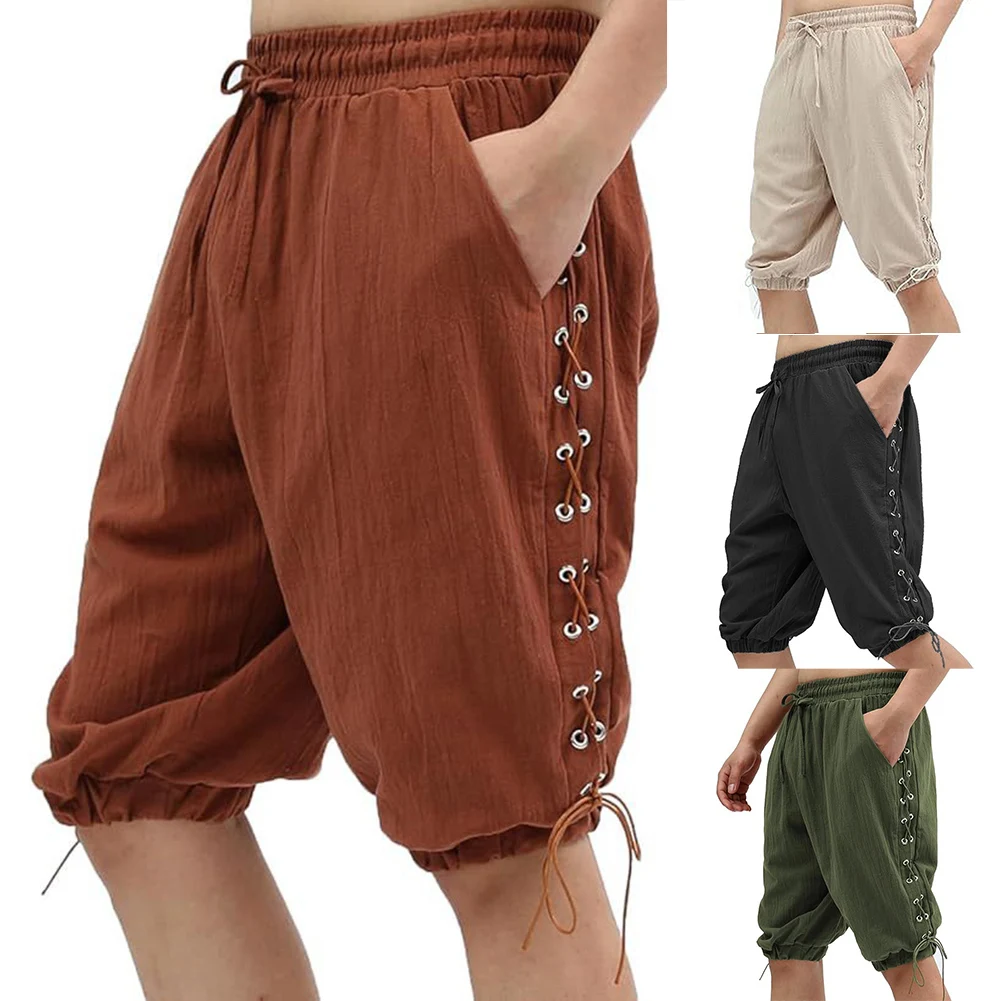 

Мужские пиратские шорты в стиле Ренессанс, средневековый костюм-навигатор на шнуровке, короткие брюки, повседневный костюм для выступлений