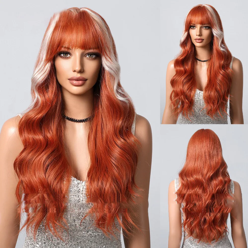 Cool Highlight Synthetic Wig Women Long Wavly Cured Hairpieces With  Bangs Fashionable Two-color Full Hair Cover