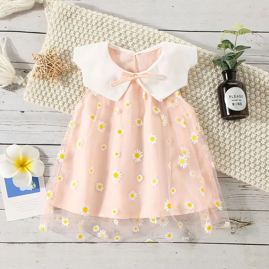

Summer New Baby Blue Dress Bow Doll Collar Daisy Flower Printed Baby Girl Gauze Dress