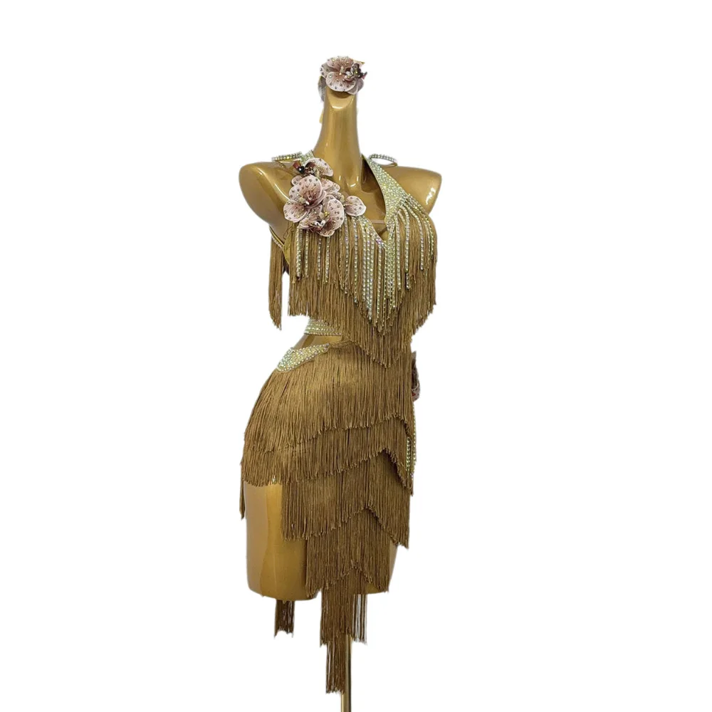 الرقص اللاتيني AB Stone أنثى الكبار الأطفال الراقية مخصصة زهرة شرابة الماس الأسود بركة السامبا أداء اللباس