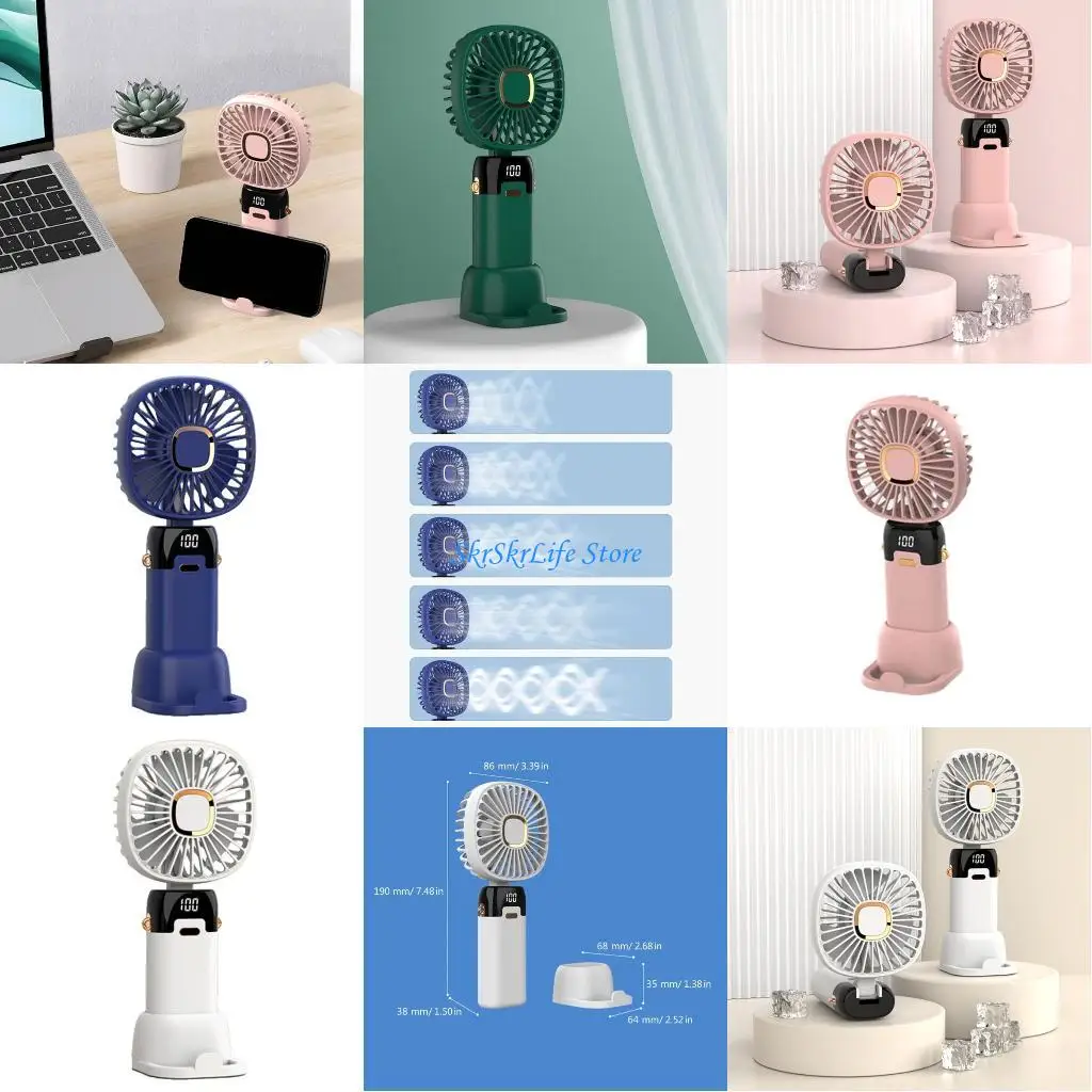 مروحة قابلة للطي E65E قابلة لإعادة الشحن مع حامل الهاتف لضبط تدفق الهواء ومروحة سطح المكتب USB