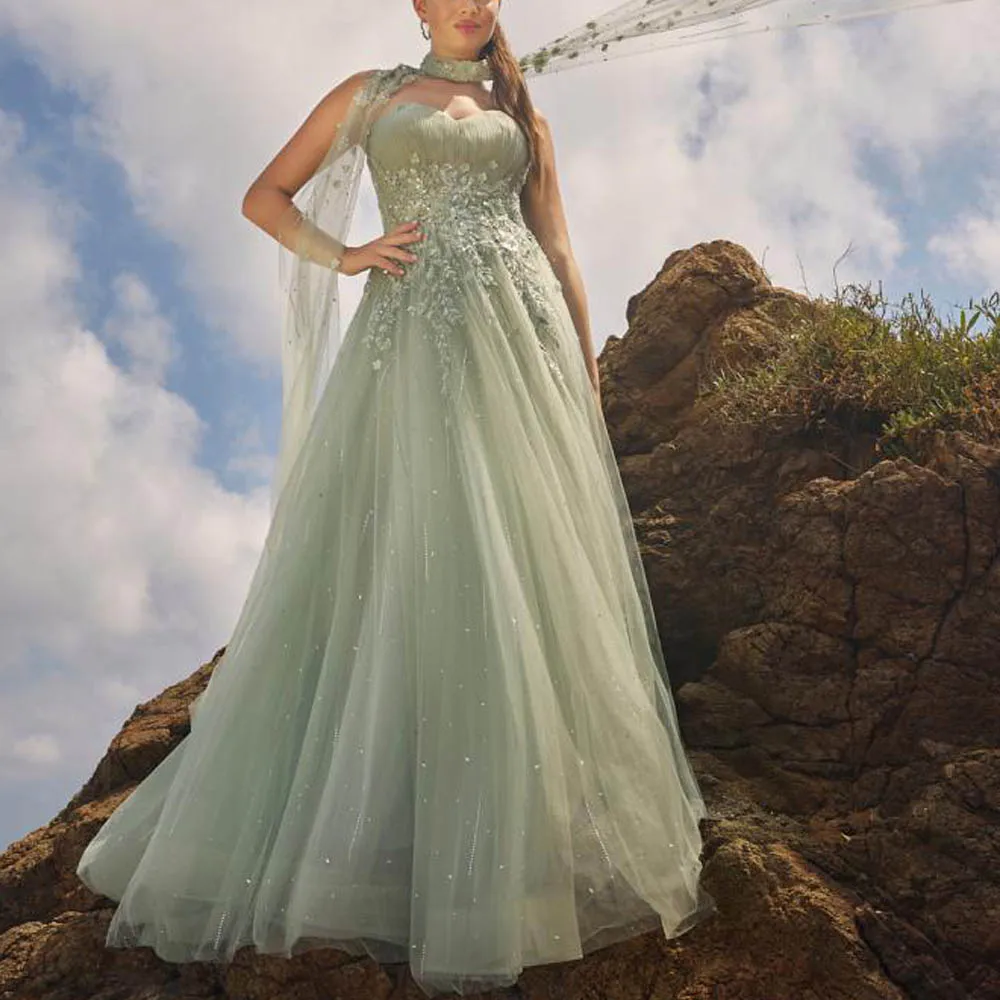 فستان سهرة مذهل مخصص على شكل زهرة مع لف على شكل قلب مزين بالدانتيل للمناسبات الرسمية فستان حفلات تول مطرز #2