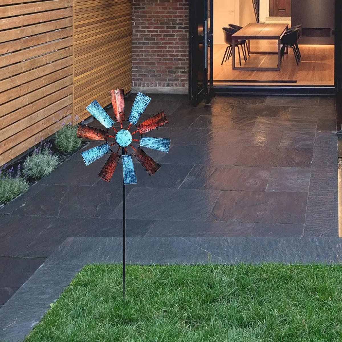 Flower Wind Spinner Stake Rainbow Metal Windmill Garden Decoration Wind Spinner with Garden Stake Outdoor Wind Sculpture