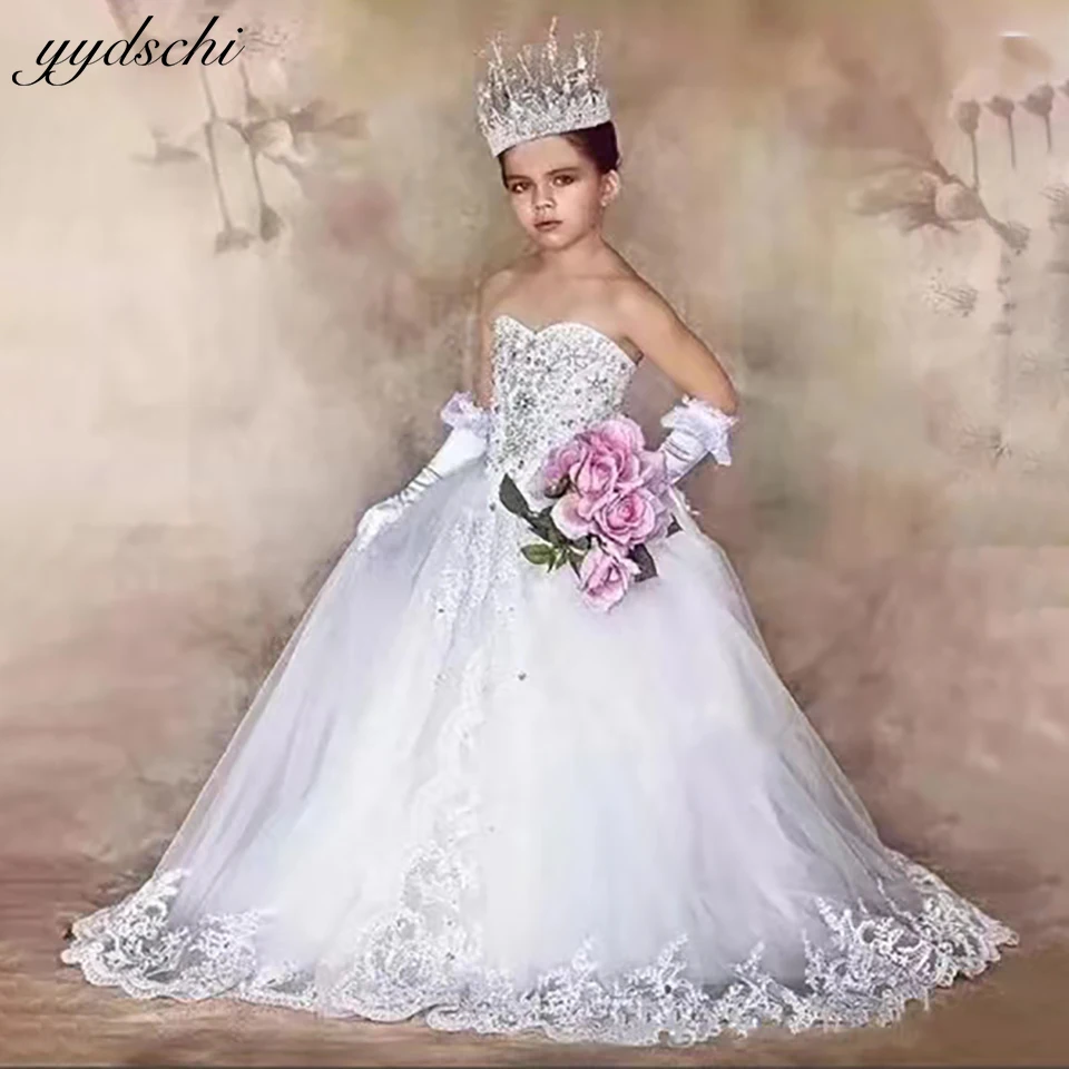 Luxus kristalle Perlen Blumen mädchen Kleider für die Hochzeit mit Schleifen Prinzessin Ballkleid Kinder Festzug Erstkommunion Kleider