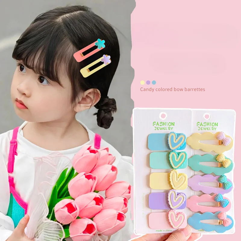 5 Pcs/Set Baby Girls Candy Color Heart Flower Ornament Hair Clips Children Cute Bowknot Barrettes Hairpins Kids Hair Accessories