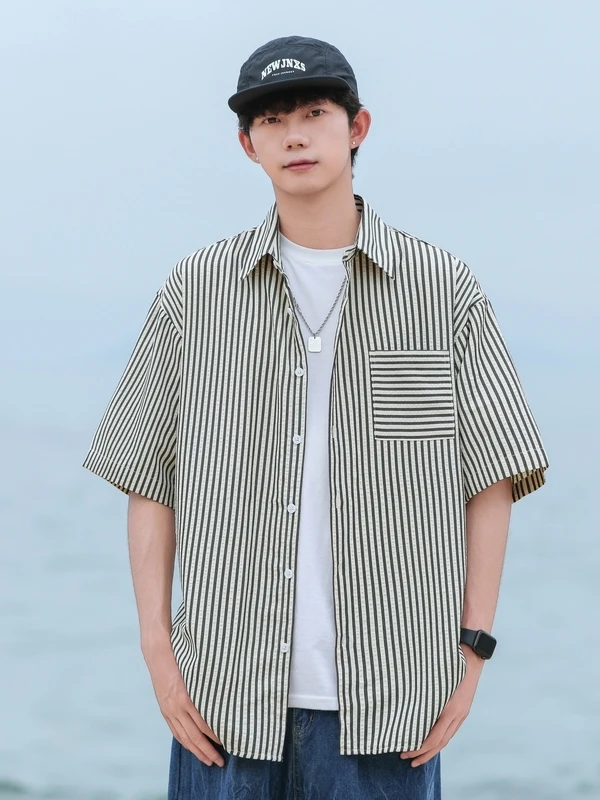 

Summer Men's Loose Fit Casual Striped ort Sve irt Breathable Comfortable Polyester Fiber Ci Walk Beach Commute irt