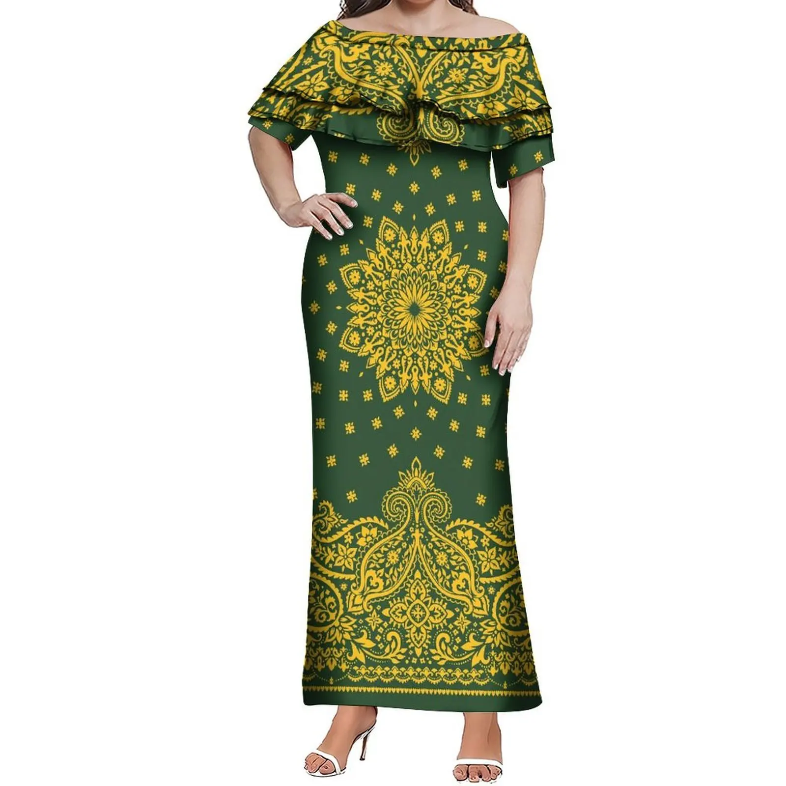 Elegante vestido de emagrecimento de folha de lótus de camada dupla de um ombro para o verão bandana vestido de festa e festival personalizado feminino