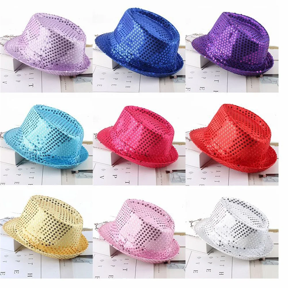 Jazz Hat Glitter Sequins Cowboy Caps Role Play Prop Performance Costume Women Men Shiny Beading Hats Dance Show Party Hip Hop