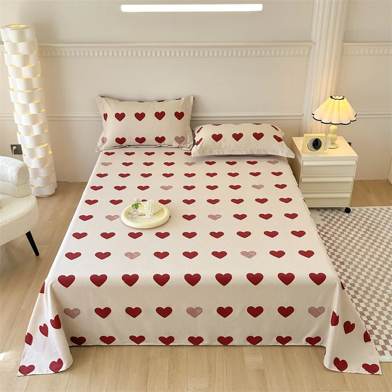 Love Hearts Flat Sheet with 2 Pillowcases Bed Linens Sheet Set 100% Cotton Romantic Love Print Bed Cover Queen/King for Adults