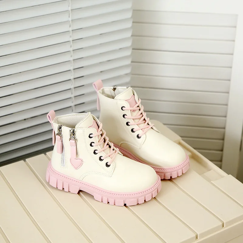 Girls Heart Decor Ankle Boots Kids Winter Lace-Up Double Zipper Booties Non-Slip Rubber Outsole Boots for Litter & Big Girls