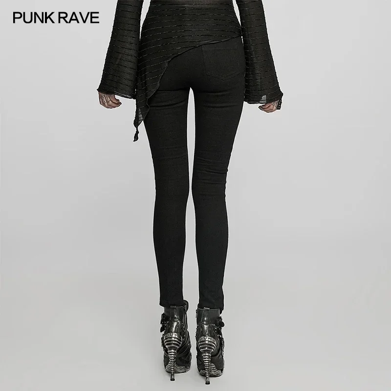 PUNK RAVE-Punk Daily Tight Fit Jeans para Mulheres, Emendado De Couro Falso, Personalidade Calças Pretas, Design De Cordão