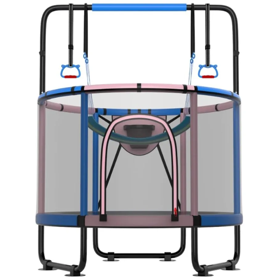 

' indoor/outdoor trampoline with safety net, swing, adjustable bar, and basketball hoop; steel frame, black/red; 600LBS capacit