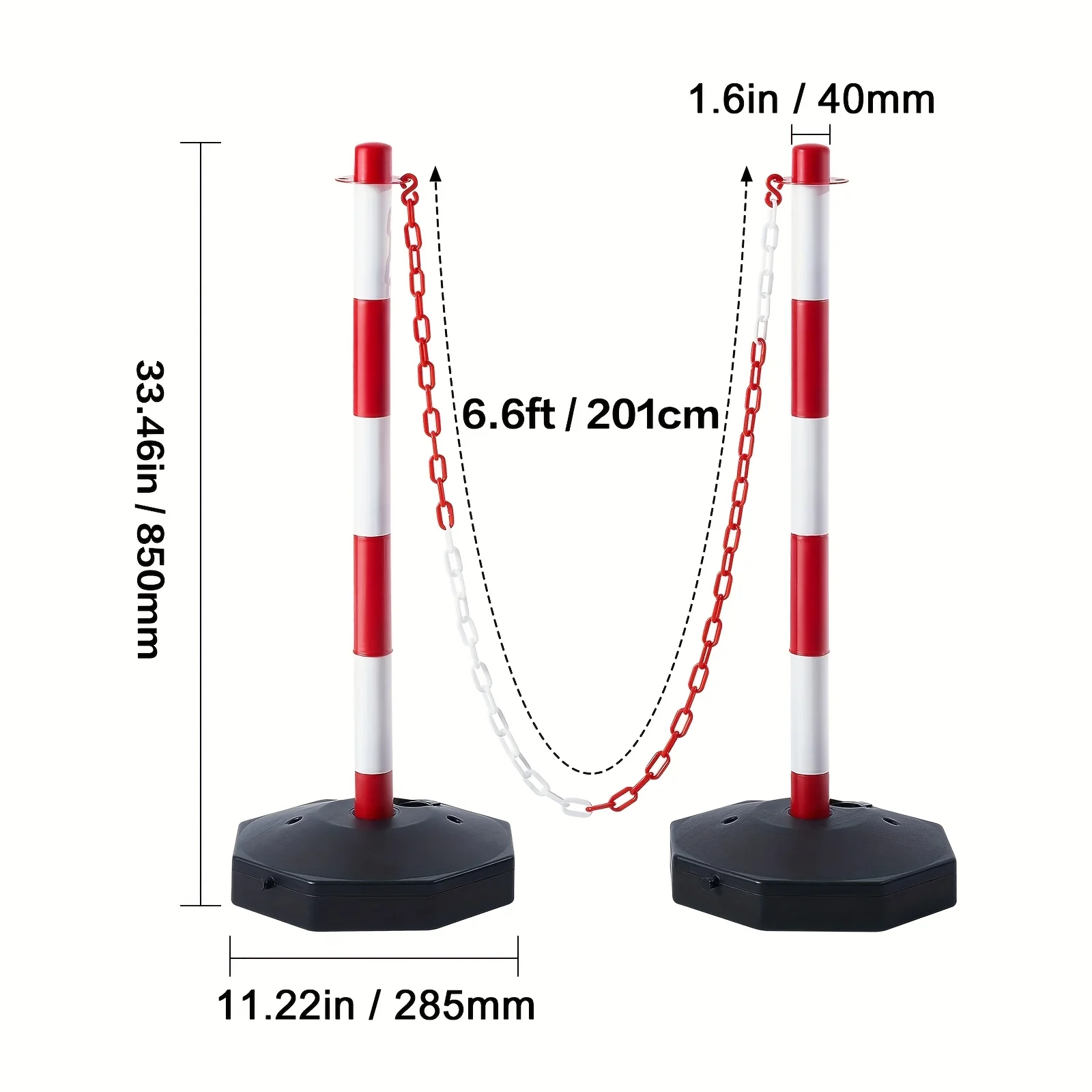 4 Traffic Marking Warning Posts, Red and White Road Cones, Height-Adjustable Safety Isolation Barriers, with Refillable Base, 6.6-Foot Chain, for Traffic Control, Warning, Parking Lot Construction, and Road Warning