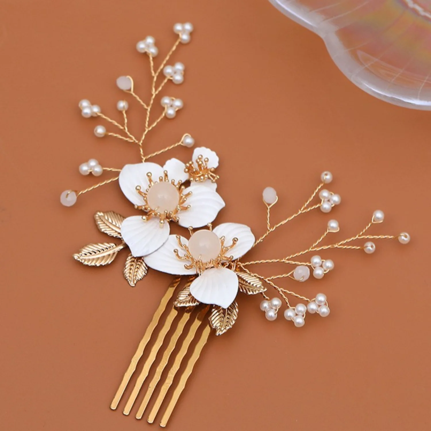 Pettine per capelli floreale fatto a mano per spose, lussuosi accessori in lega e fermagli per acconciature da donna con perle
