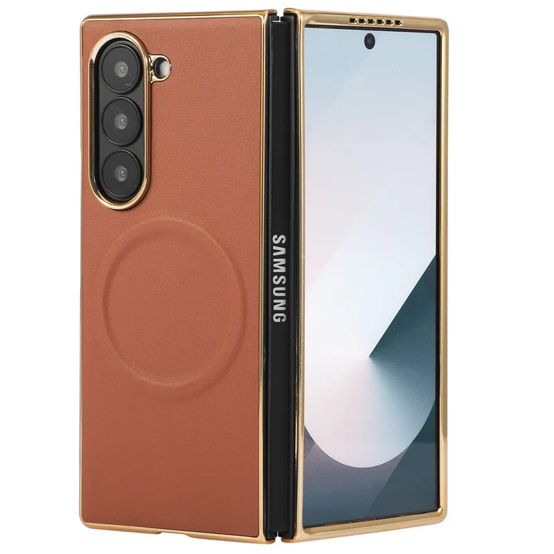 Car Magnetic Wireless Charging Case For Samsung Galaxy Z Fold 6 Fold 5 Fold 4 Premium Plain Leather Exclusive Gold Plating Cover