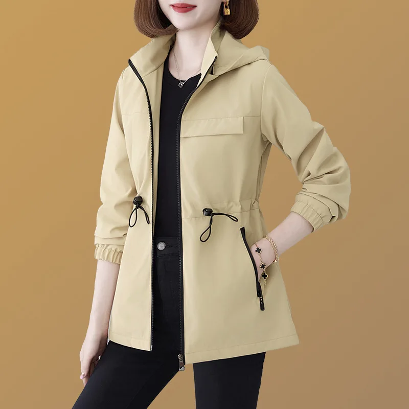 

Новый женский тренчкот: модная демисезонная куртка с капюшоном на молнии, цвет хаки, ветровка, повседневная верхняя одежда высокого качества