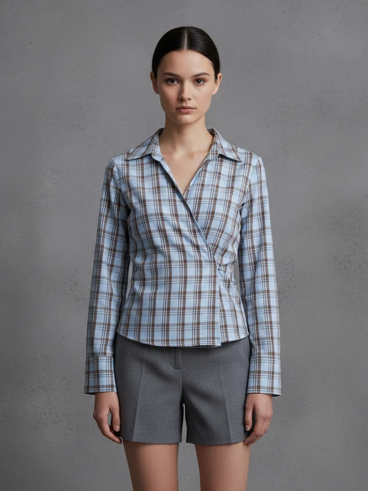 

Color Blocking Plaid Waist Cinching Shirt Women Casual Full Sleeve Lapel V-neck Warp Blouse 2026 New Spring Autumn Chic Wear