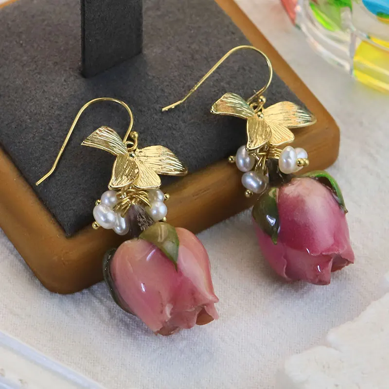 Red Botanical Pearl Earrings 18K Gold Plated Copper Leaf, Preserved Rose & Freshwater Pearls,  Nature-Inspired Jewelry Gift