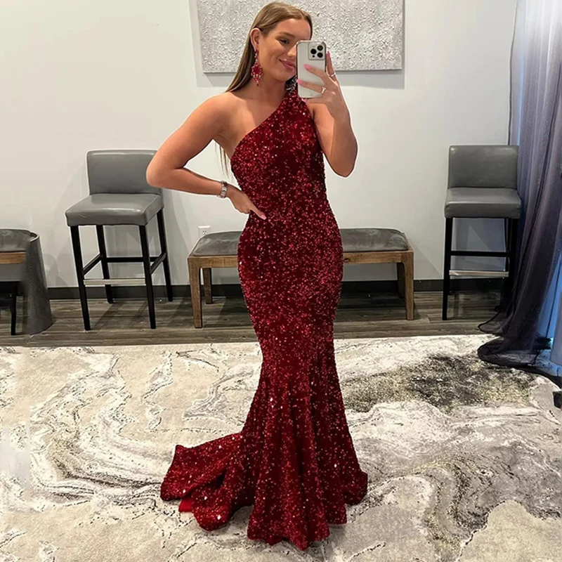 One Shoulder Prom Dresses  Sequins Women Dinner Formal Party Sparkly Evening Mermaid Dance Trumpet Gala Catwalk Gown Vestido De