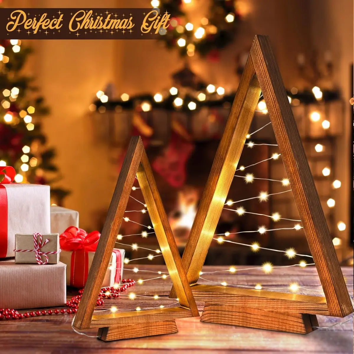 2Pcs/Set Wood Christmas Tree with Lights Modern Farmhouse Christmas Wooden Tree Centerpieces For Tables Christmas Holiday Decor