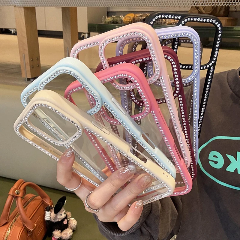 حافظة فاخرة مرصعة بالجواهر لهاتف آيفون إير 17 16 15 14 13 12 برو ماكس بلس فتاة موضة لون الحلوى غطاء صلب هجين شفاف ناعم
