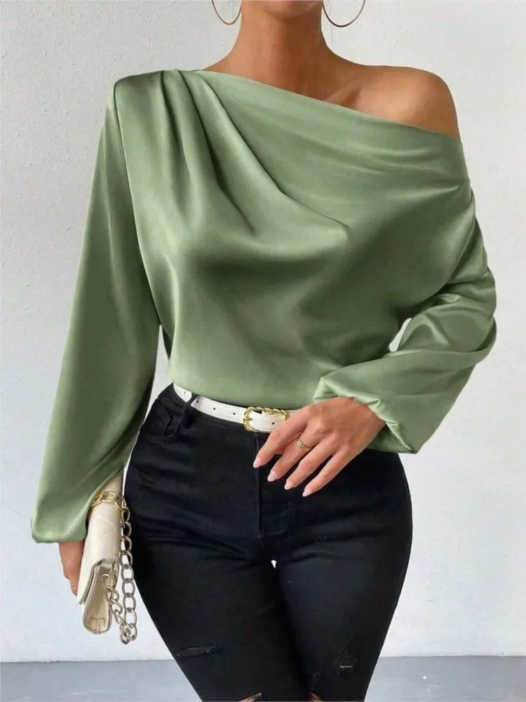 

2025 Ladies Tops Women's Shirts & Blouses Long Sleeve Sexy Solid Color One-Shoulder Elegant Blouses Foreign Style Blusas