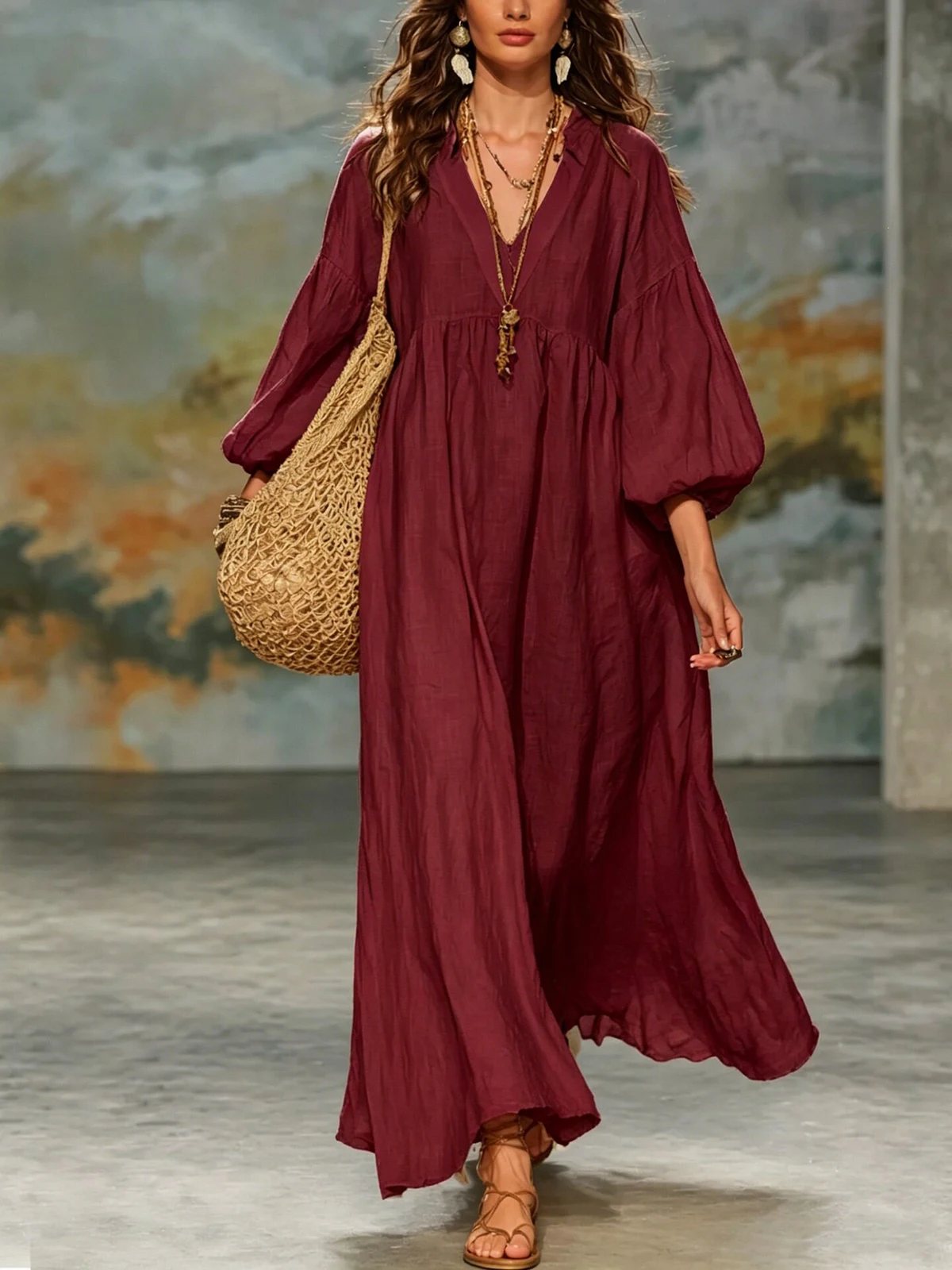 Damen-Kleid aus Kunstdenim und Mesh, Midi-Länge, mit Revers, transparenten langen Puffärmeln, schmaler Passform, asymmetrischer Rüsche und High-Low-Saum, Streetwear-Partykleid – Detail 4