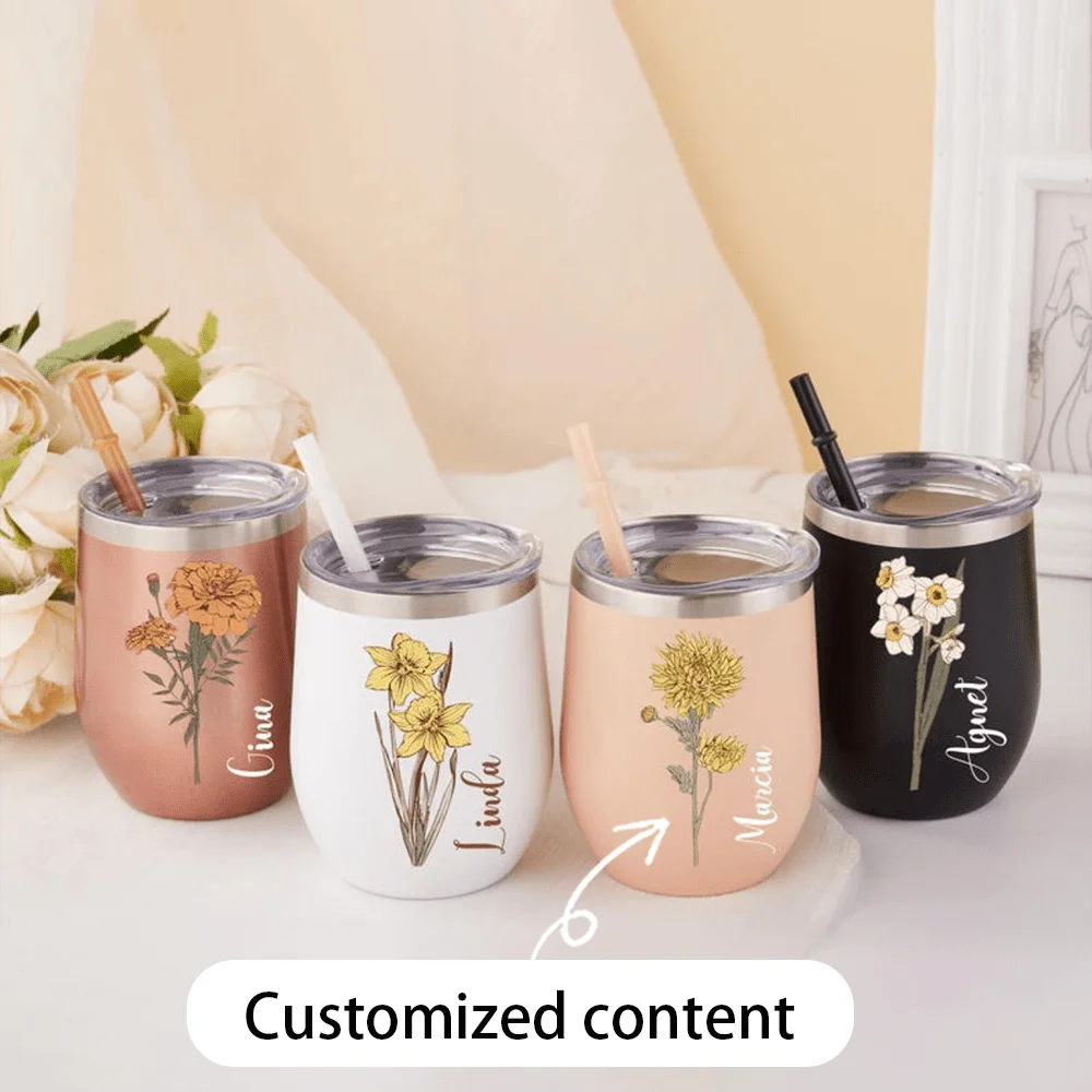 2026 New Custom Birth Flower 12oz Wine Tumbler, Floral Pattern Vacuum Egg Cup with Lid Birthday Gift for Women,Christmas Gift.