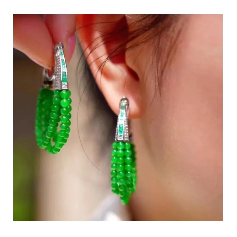 

New Chinese Green Jadeite Millet Bead Earrings Women's Fashion Temperament Versatile Exquisite National Style White Ear Buckle E