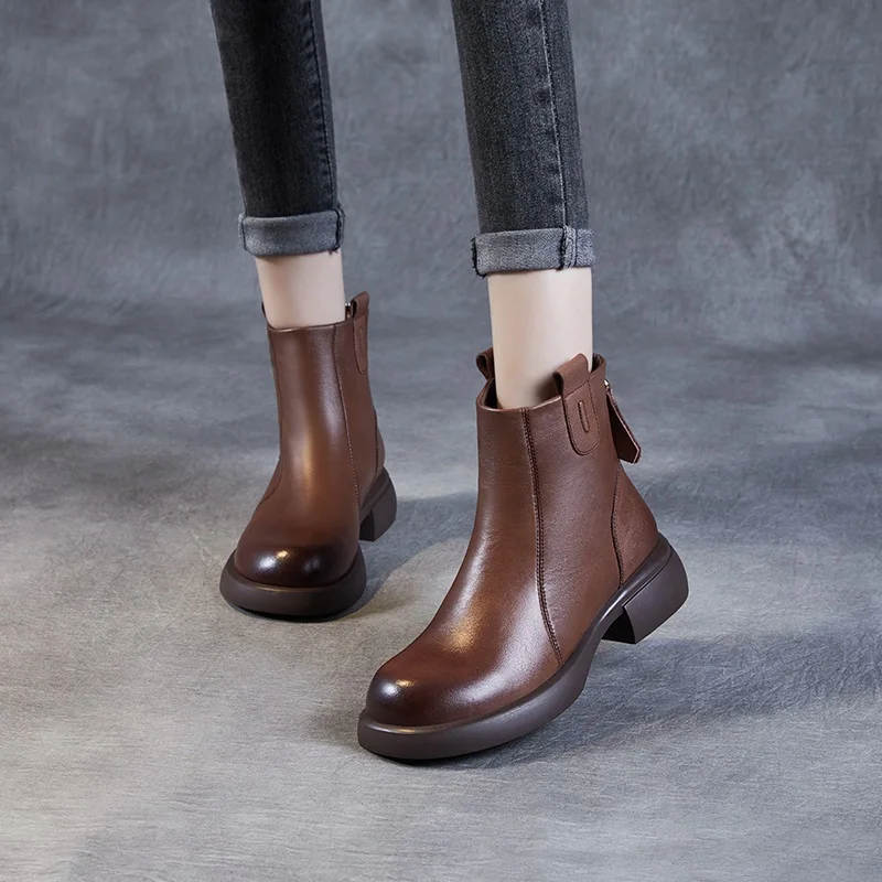 DRKANOL w brytyjskim stylu kobiety Chelsea Boots zima ciepły gruby obcas z tyłu z okrągłym noskiem trzewiki w stylu Casual z prawdziwej skóry