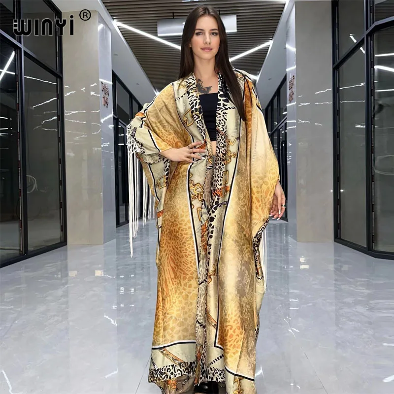 WINYI Saudi Arabic Muslim Abaya for Women Printed evening dress coat Beach Wear elegant Holiday party tassels Cardigan Vestidos