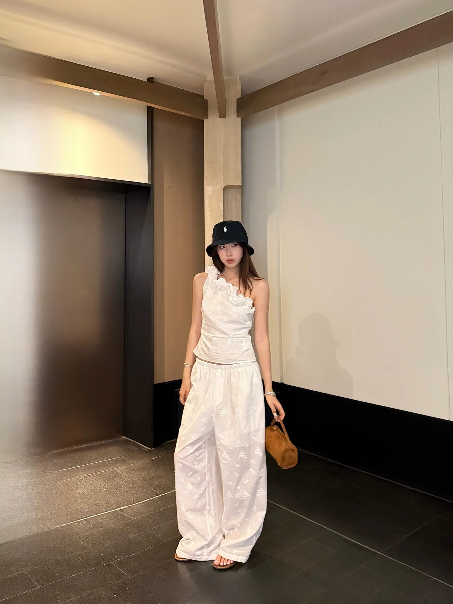 

Ranwear Linen Wide Leg Casual Pants Ear Look Top Set Casual Summer Outfit High Waist Zipper Closure Slim Fit Commute Style