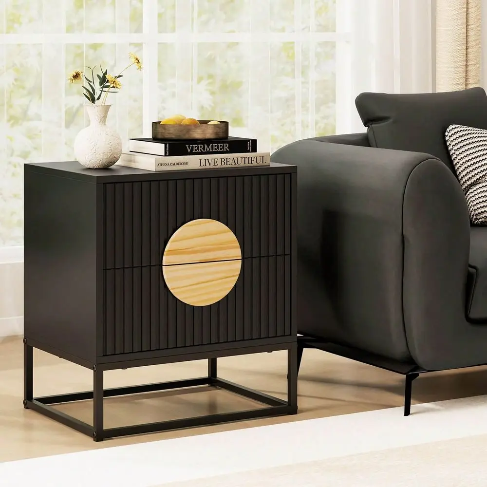 

2 PCS Fluted Nightstand With 2 Drawers With Pine Wood Handles Metal Frame For Bedroom Black White