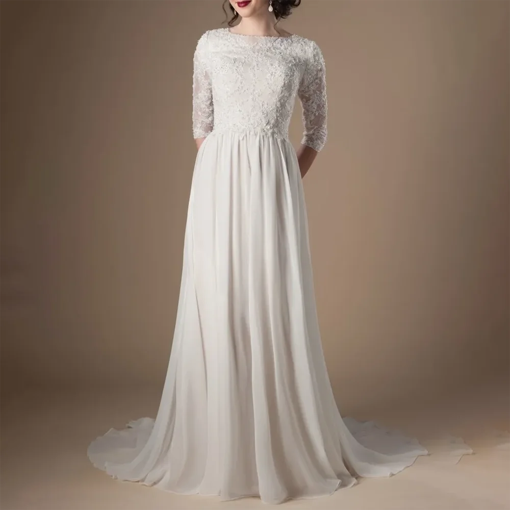 

Champagne Modest Wedding Dresses With 3/4 Sleeves Beaded Lace A-line Chiffon Boho Informal Bridal Wedding Gown